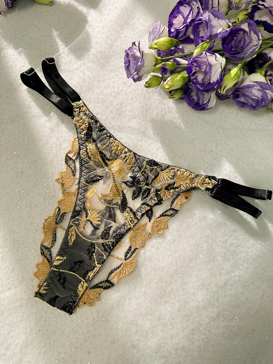 Black & Yellow Embroidered  Thong