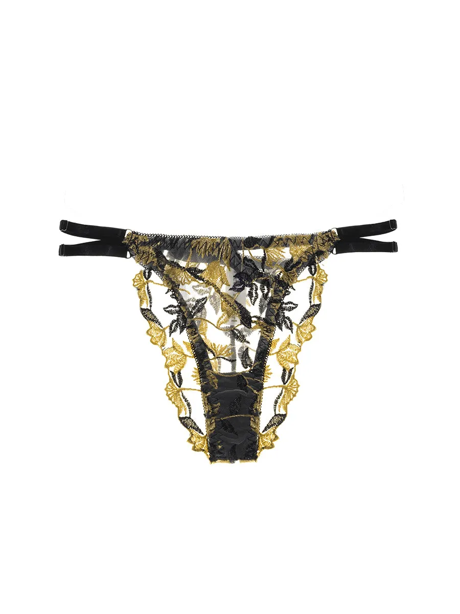 Black & Yellow Embroidered  Thong