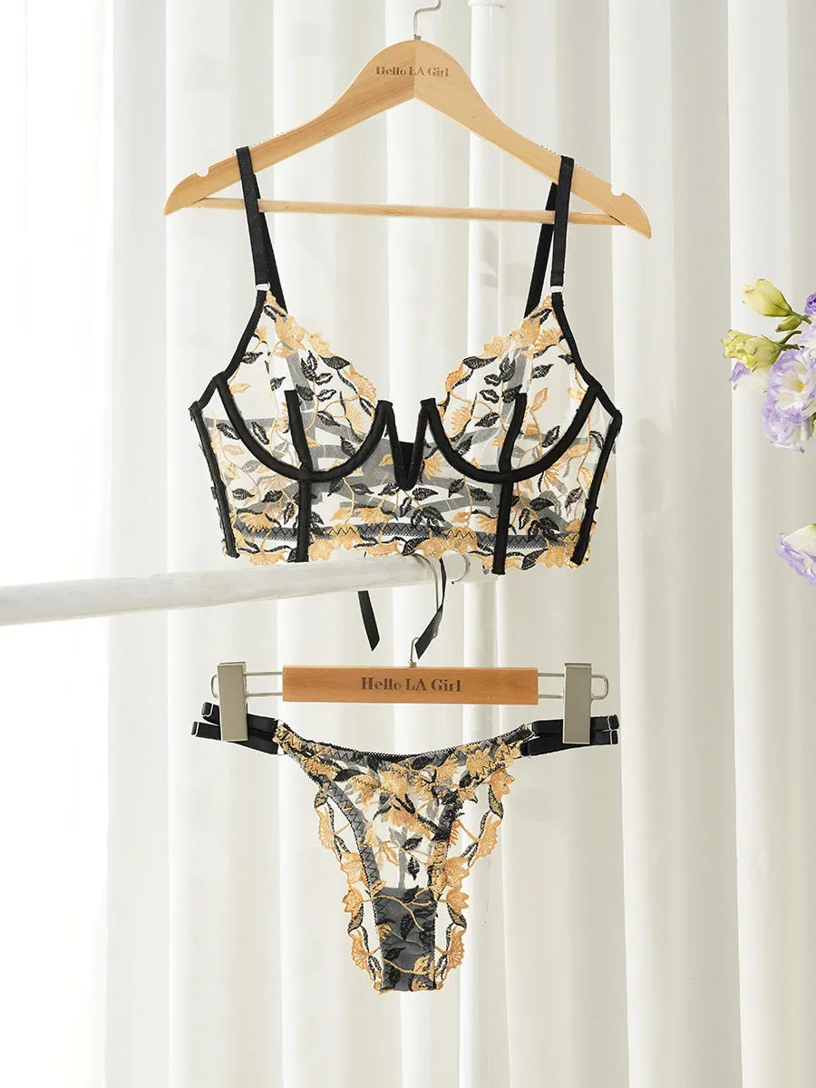 Black & Yellow Embroidered  Thong