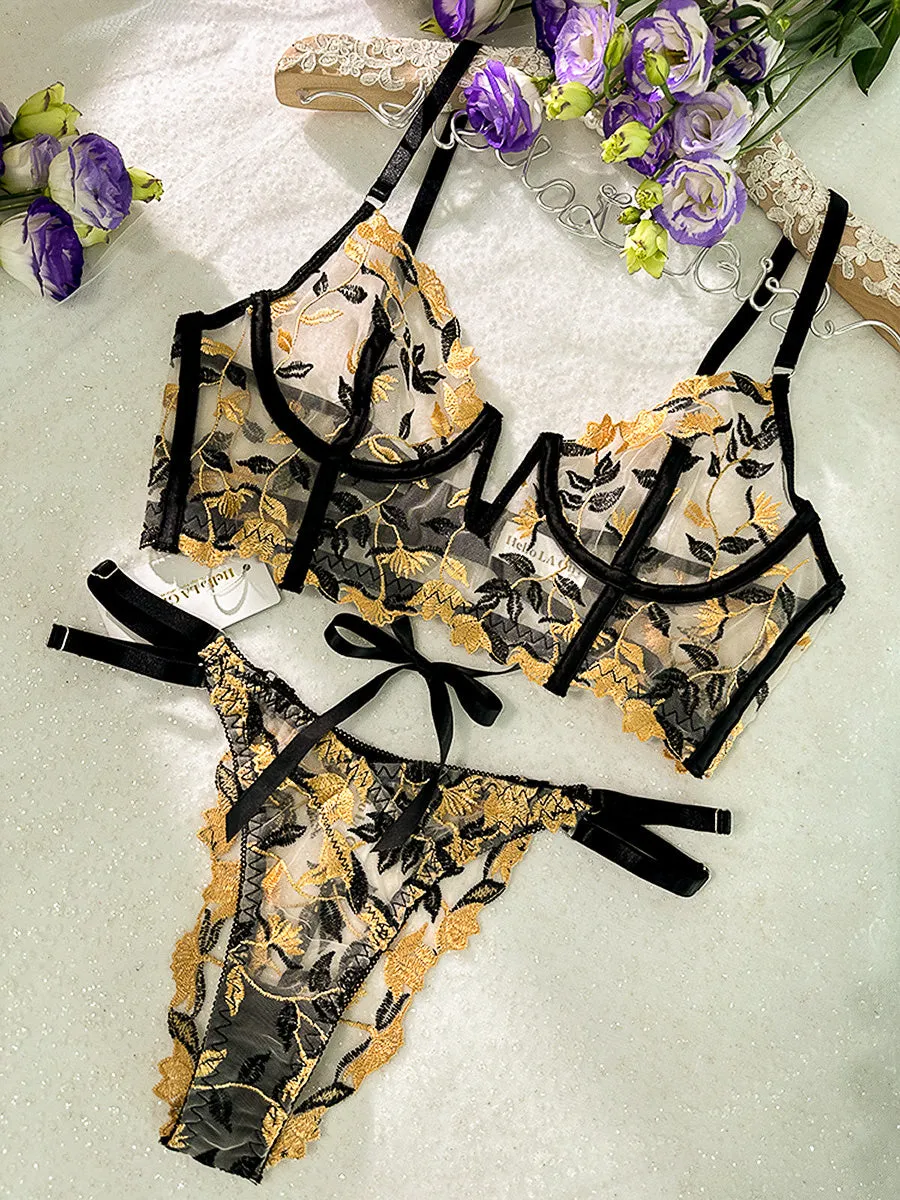Black & Yellow Embroidered  Thong