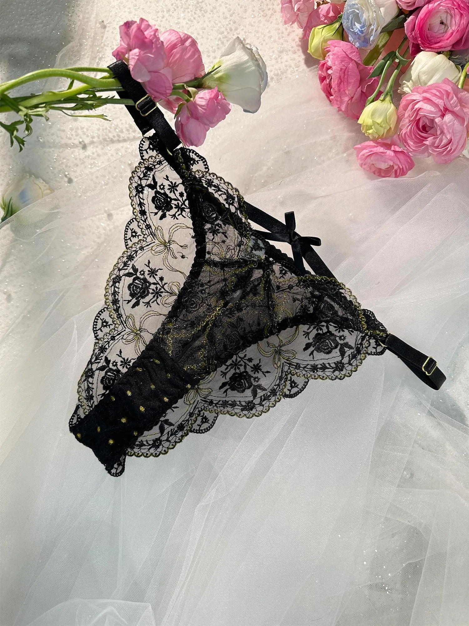 Black &Gold Embroidery Thong