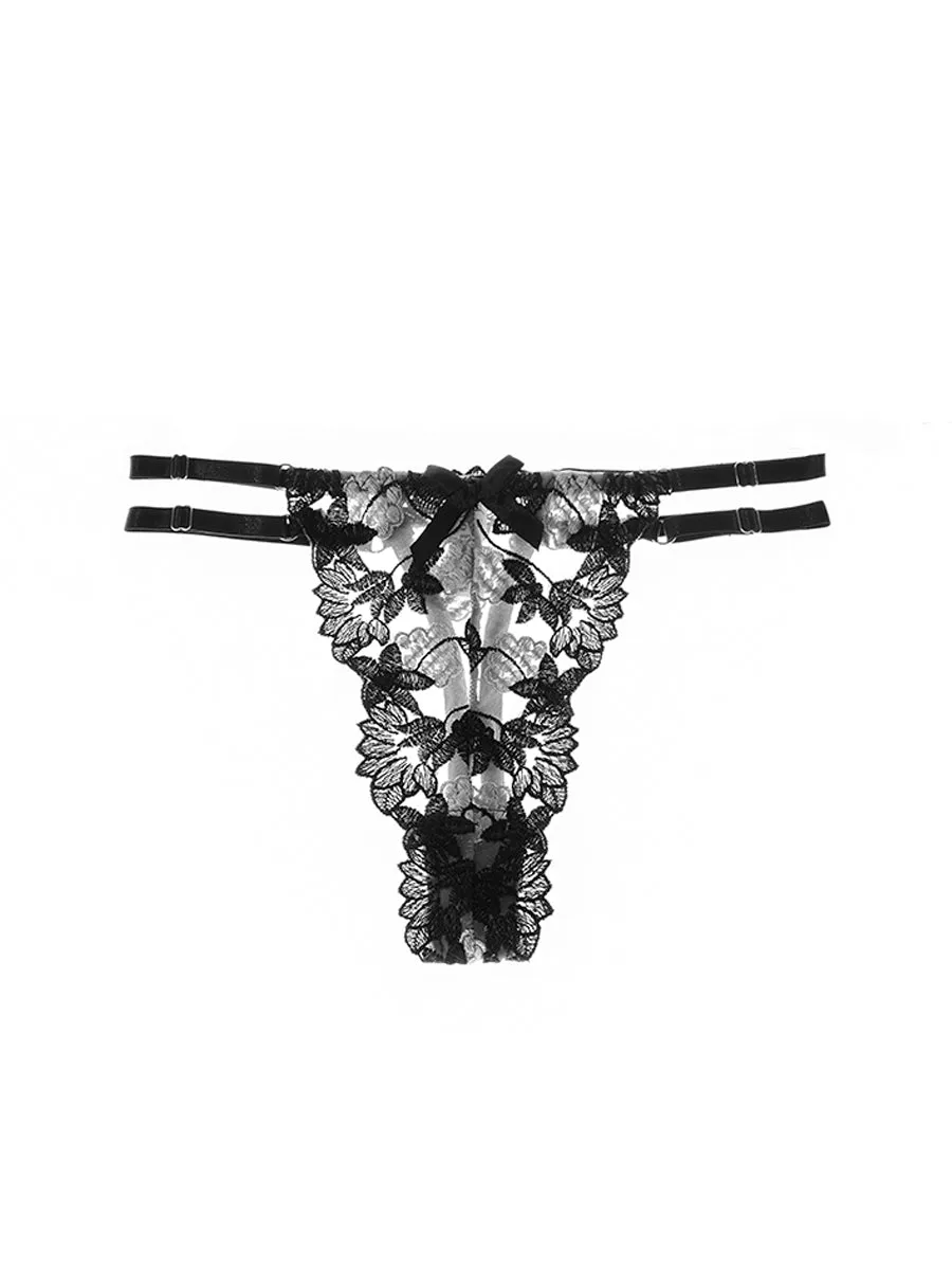 Black Floral Embroidered Mesh Sheer Thong
