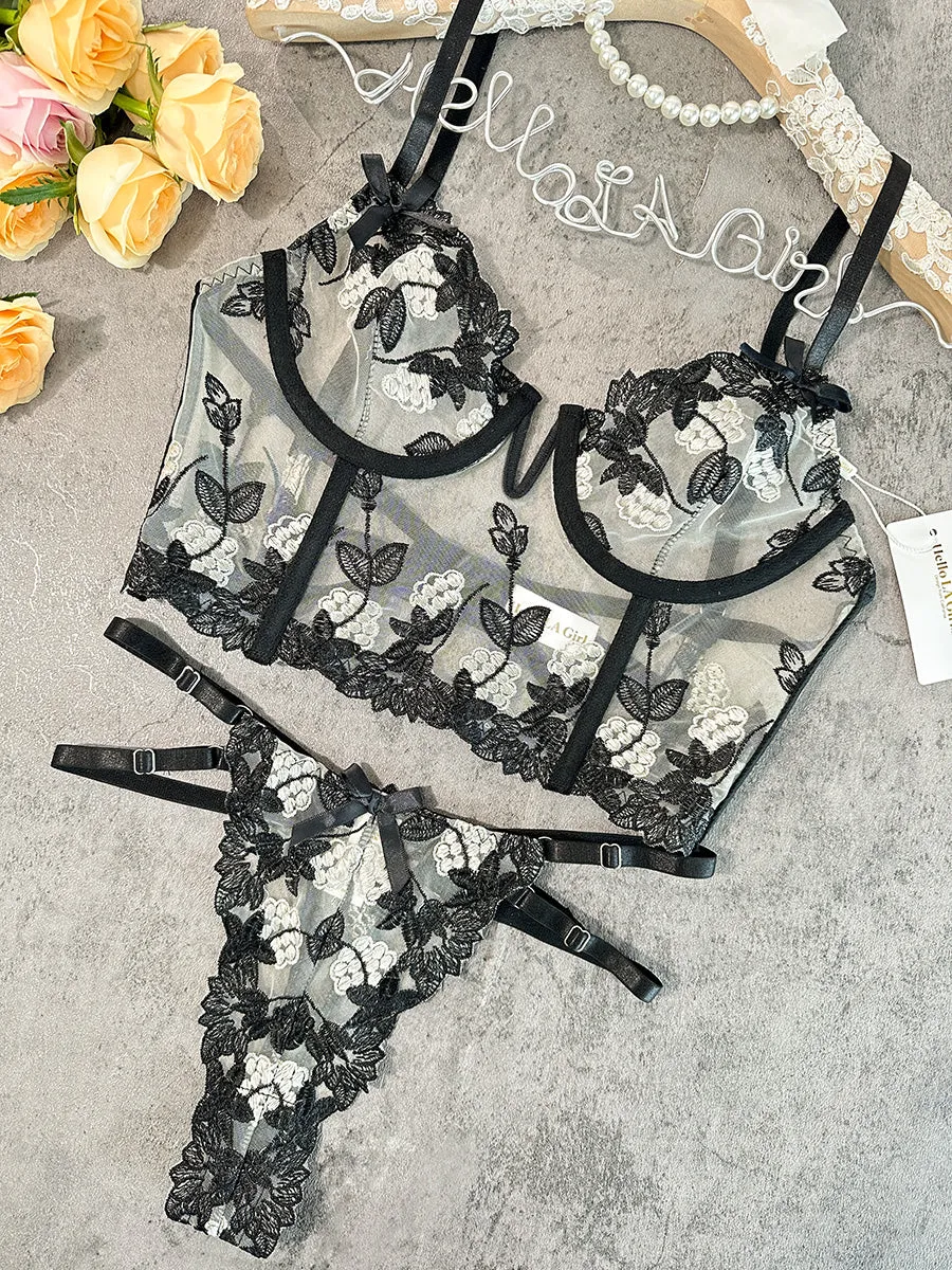 Black Floral Embroidered Mesh Sheer Thong
