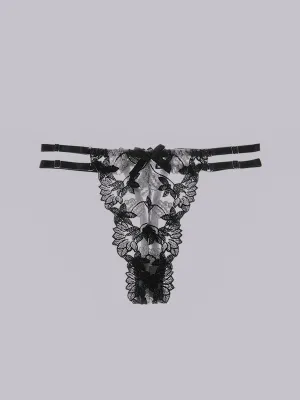 Black Floral Embroidered Mesh Sheer Thong