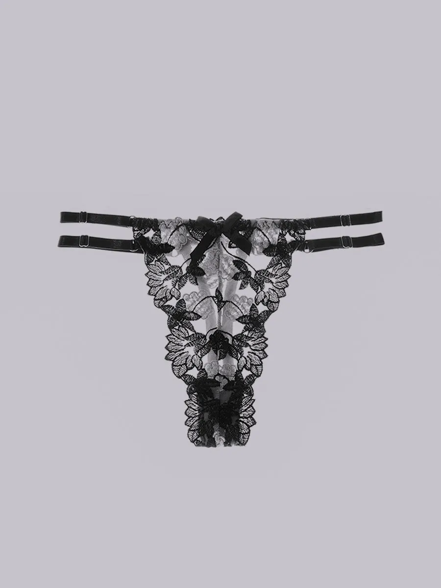 Black Floral Embroidered Mesh Sheer Thong