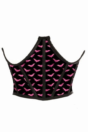 Black & Magenta Bats Satin Open Cup Waist Cincher