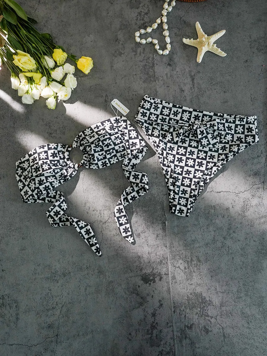 Black&White Square  Double layer High-Waisted Bikini Set