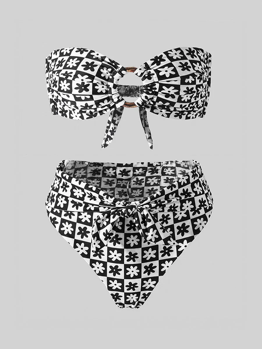 Black&White Square  Double layer High-Waisted Bikini Set