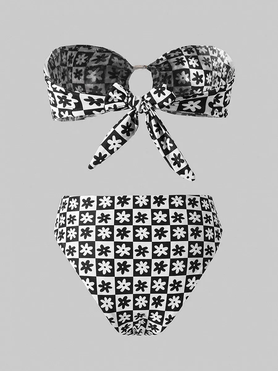 Black&White Square  Double layer High-Waisted Bikini Set