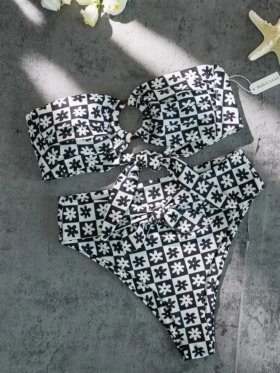 Black&White Square  Double layer High-Waisted Bikini Set