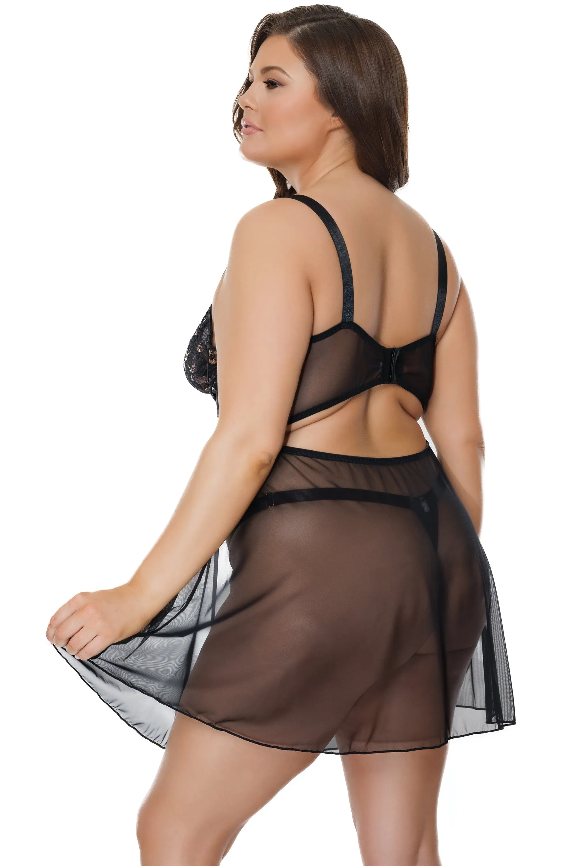 Coquette Queen Metallic Floral Lace & Mesh Babydoll