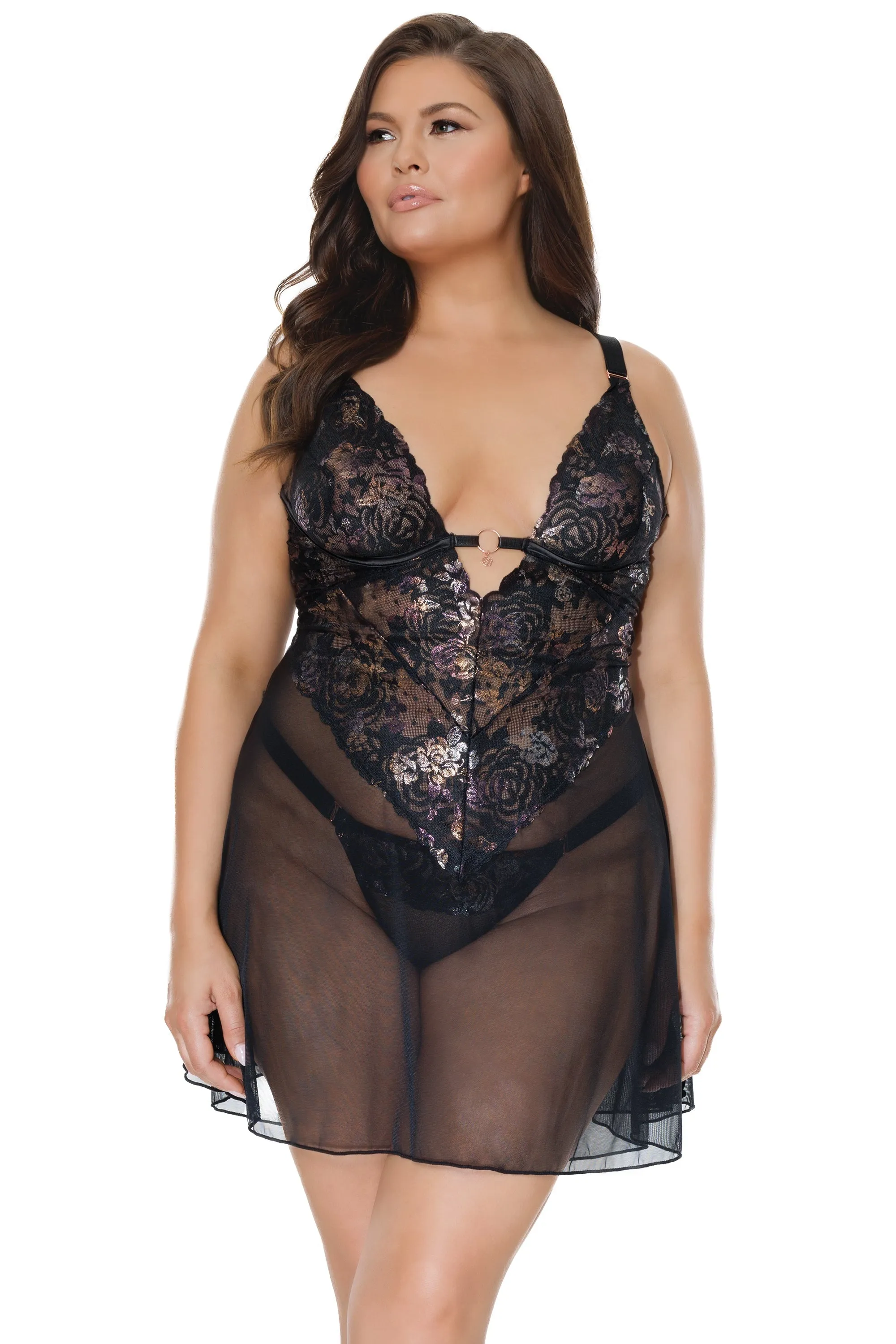 Coquette Queen Metallic Floral Lace & Mesh Babydoll