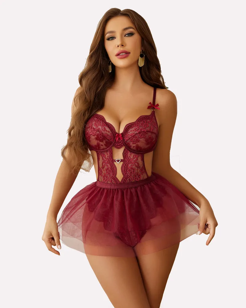 Lace Bodysuit with Mini Skirt Sets