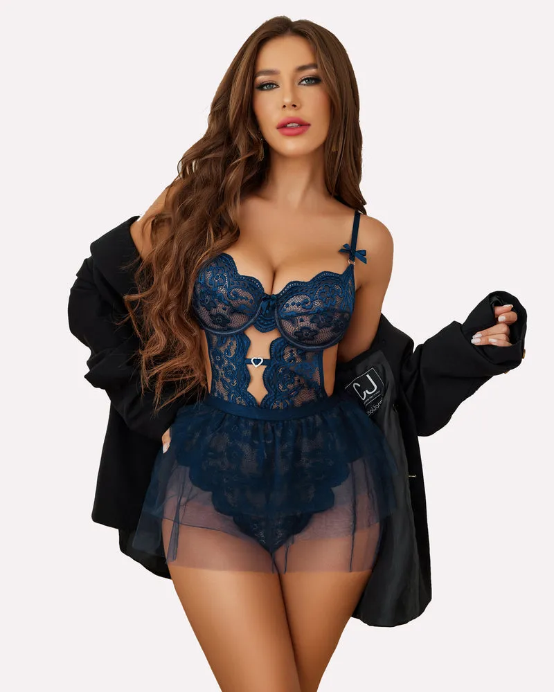 Lace Bodysuit with Mini Skirt Sets