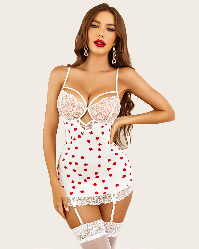 Lace Print Full Slips Wedding Dress with Garter Belt