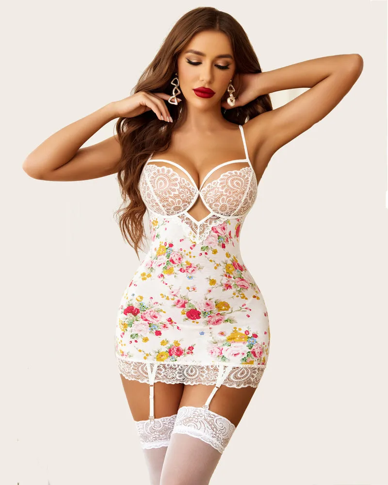 Lace Print Full Slips Wedding Dress with Garter Belt