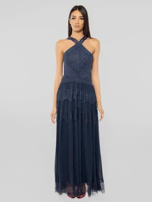 Long Lace Dress with American Neckline in Blue