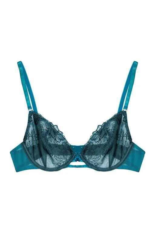 Marsha Teal Embroidery And Rings Plunge Bra