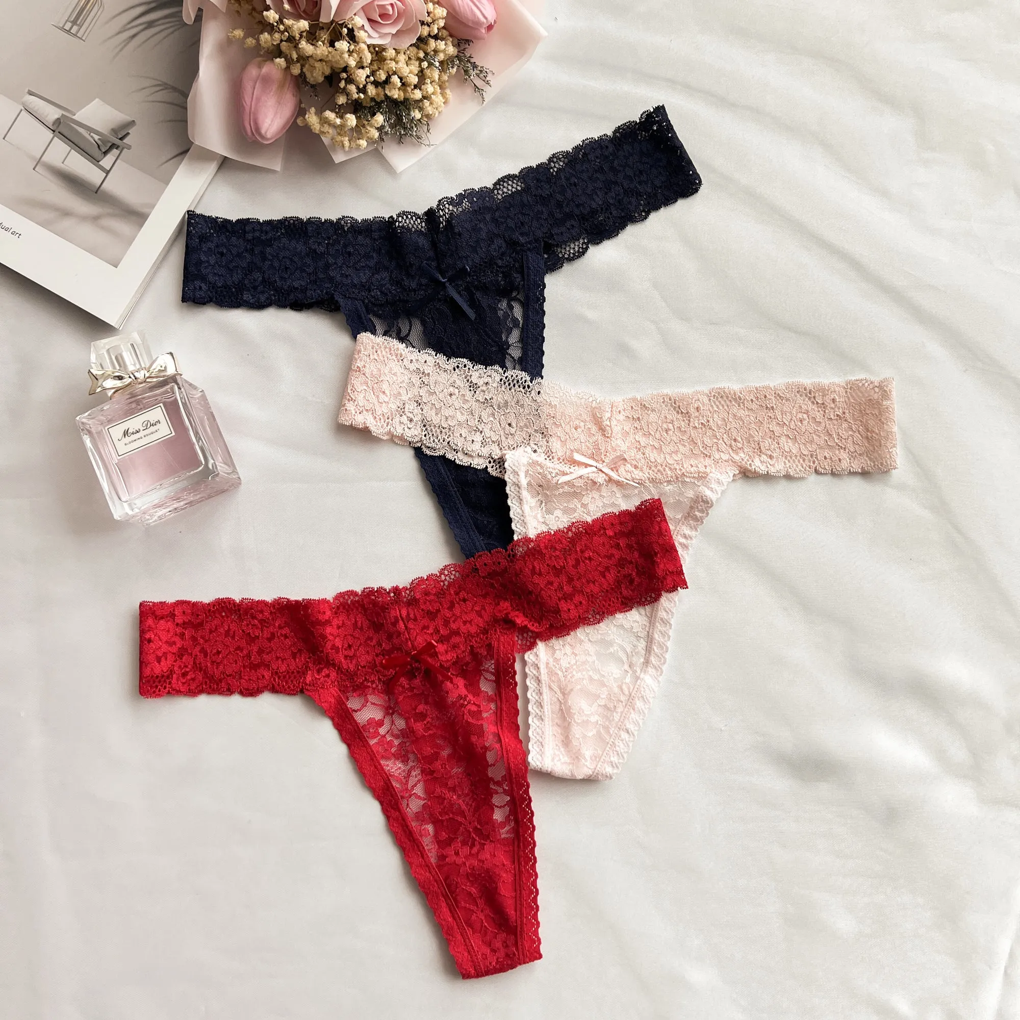 Pink Soft Lace Wide Waist Thong
