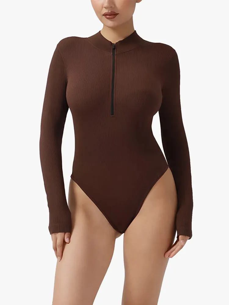 Ribbed Zipper Crotch Opening High Neck Long Sleeve Thong Bodysuits