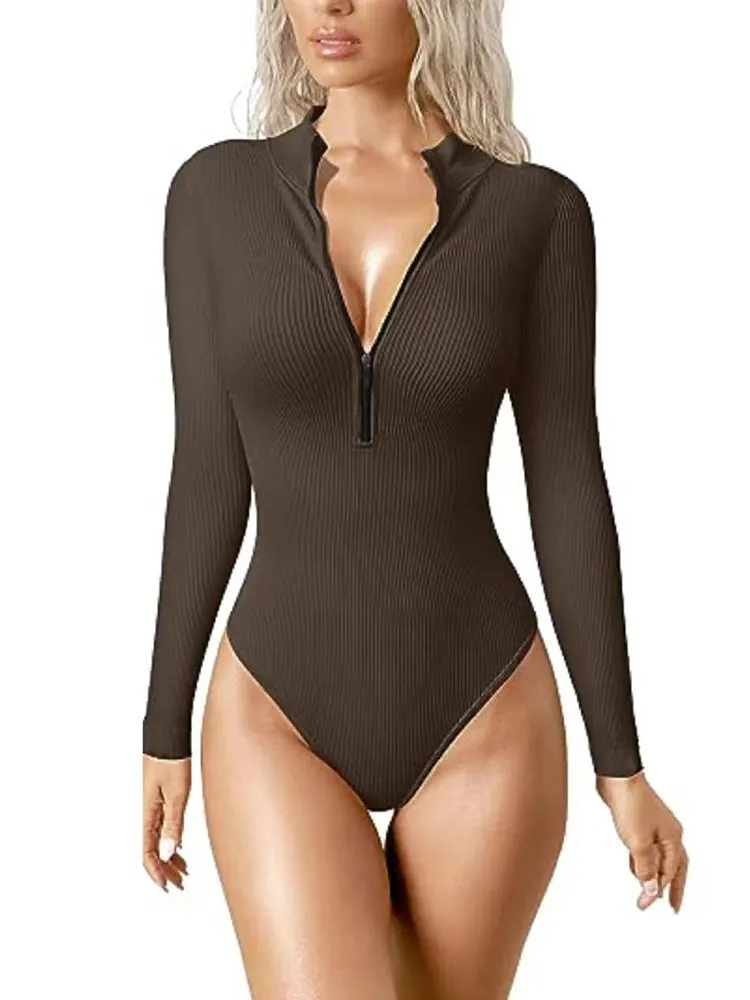 Ribbed Zipper Crotch Opening High Neck Long Sleeve Thong Bodysuits