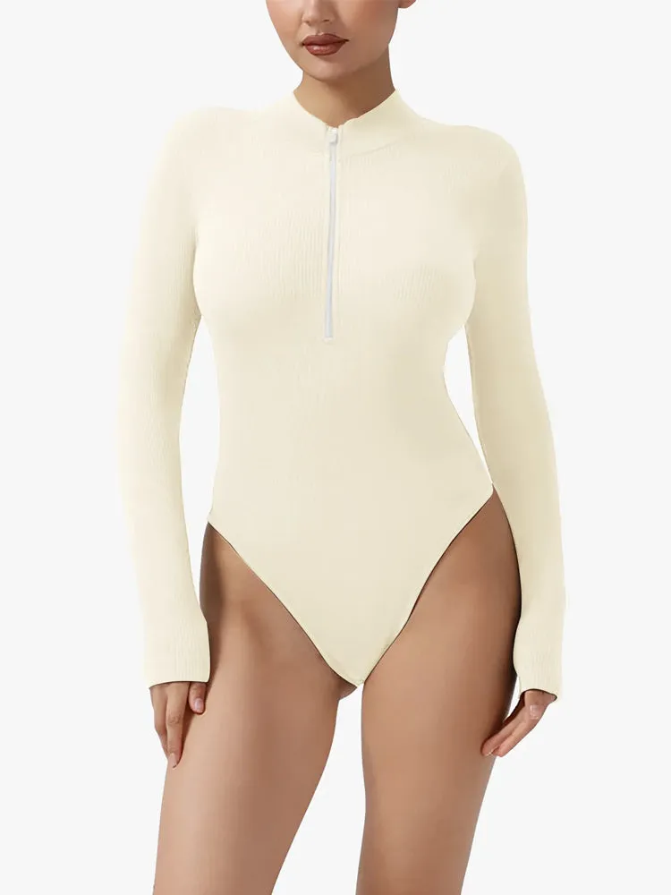 Ribbed Zipper Crotch Opening High Neck Long Sleeve Thong Bodysuits