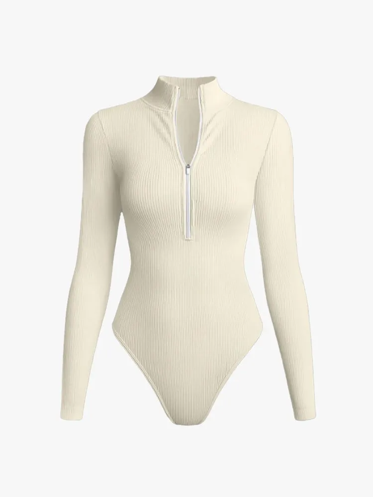 Ribbed Zipper Crotch Opening High Neck Long Sleeve Thong Bodysuits