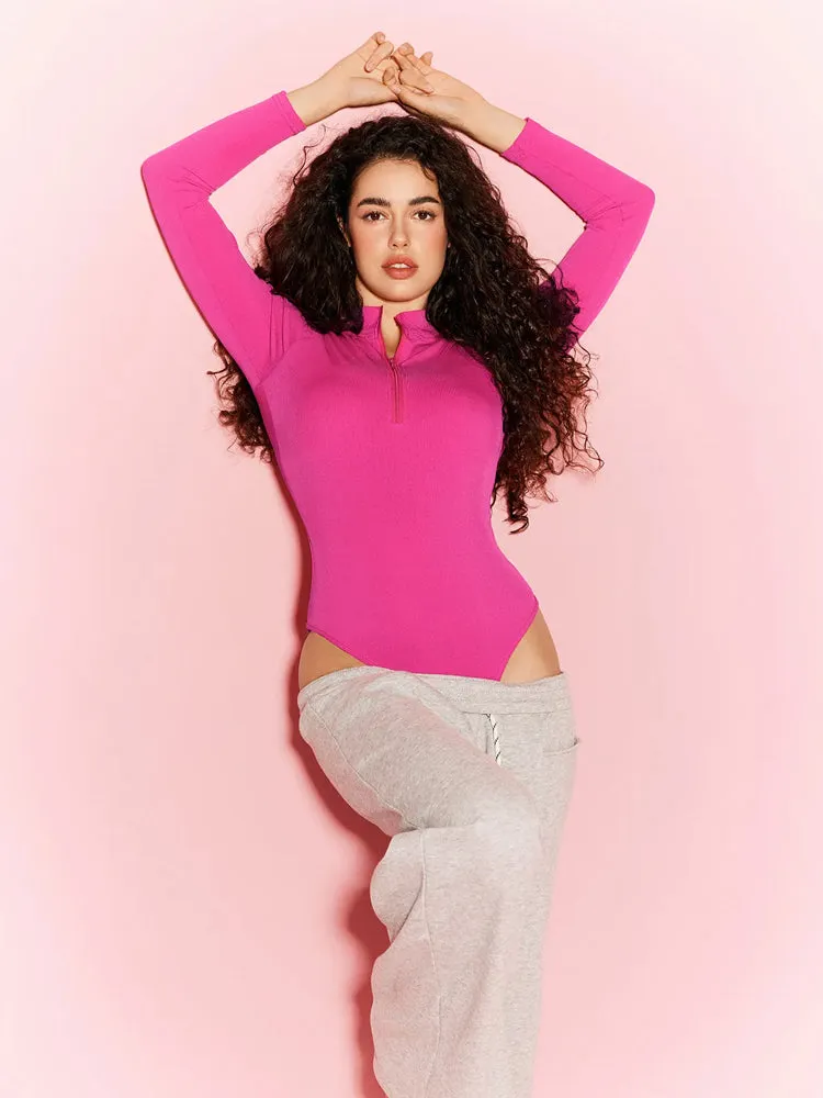Ribbed Zipper Crotch Opening High Neck Long Sleeve Thong Bodysuits