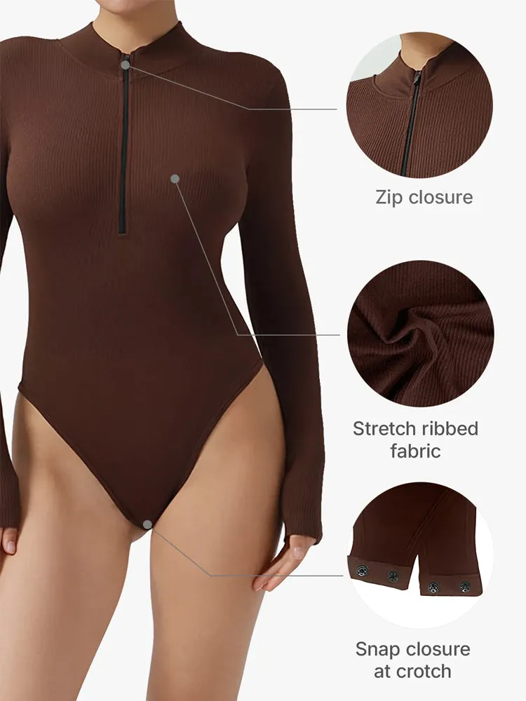 Ribbed Zipper Crotch Opening High Neck Long Sleeve Thong Bodysuits