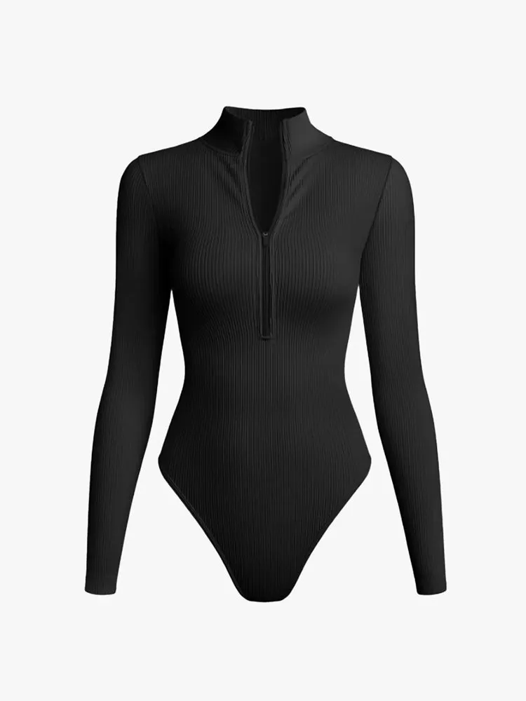Ribbed Zipper Crotch Opening High Neck Long Sleeve Thong Bodysuits
