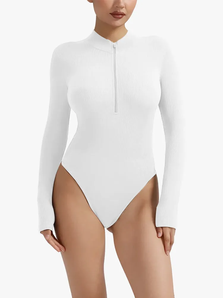Ribbed Zipper Crotch Opening High Neck Long Sleeve Thong Bodysuits