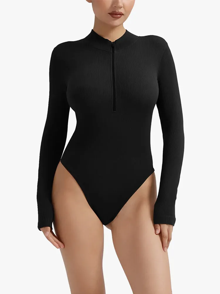 Ribbed Zipper Crotch Opening High Neck Long Sleeve Thong Bodysuits