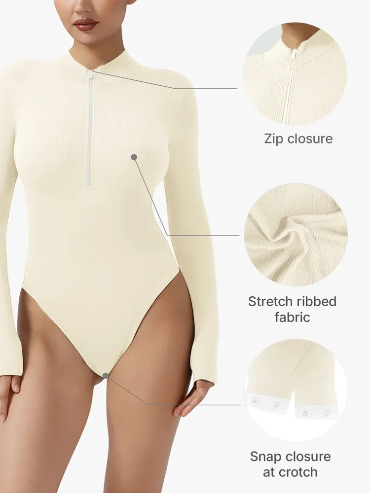 Ribbed Zipper Crotch Opening High Neck Long Sleeve Thong Bodysuits