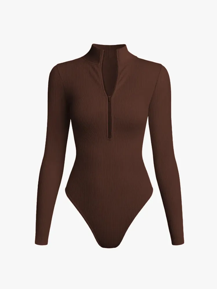Ribbed Zipper Crotch Opening High Neck Long Sleeve Thong Bodysuits