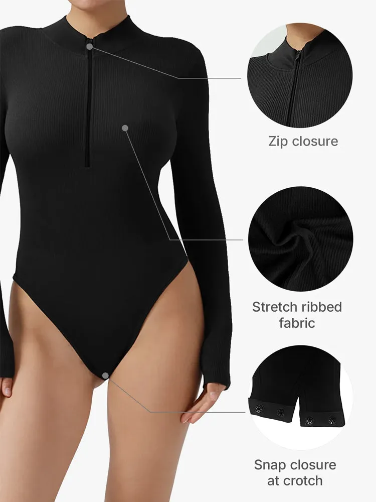 Ribbed Zipper Crotch Opening High Neck Long Sleeve Thong Bodysuits