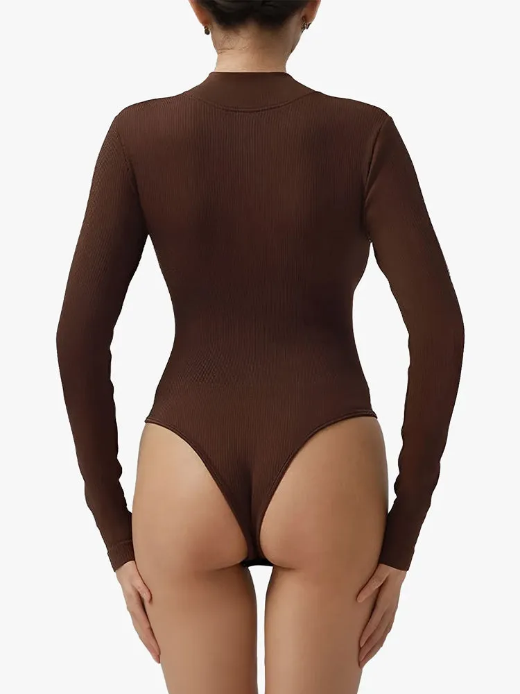 Ribbed Zipper Crotch Opening High Neck Long Sleeve Thong Bodysuits