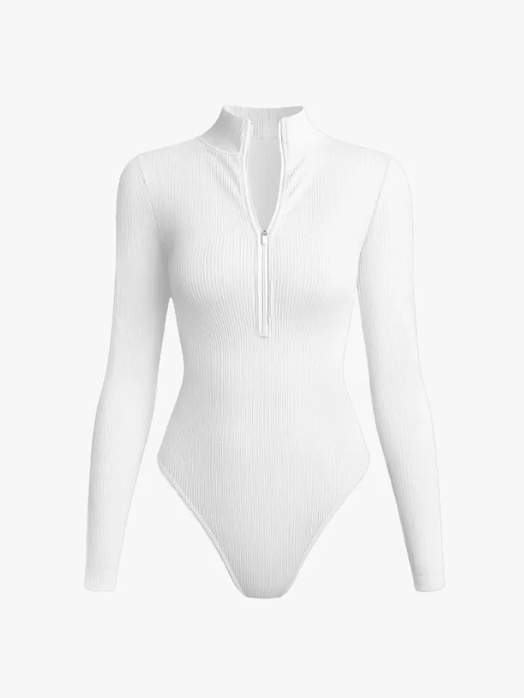 Ribbed Zipper Crotch Opening High Neck Long Sleeve Thong Bodysuits