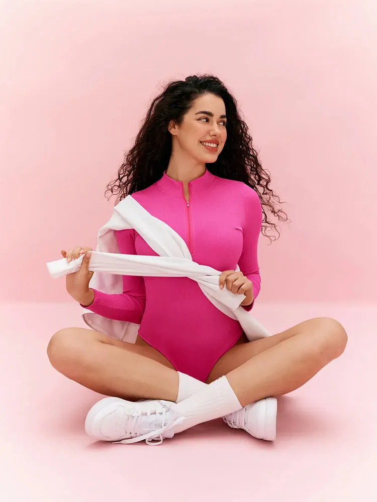 Ribbed Zipper Crotch Opening High Neck Long Sleeve Thong Bodysuits