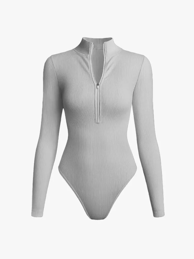 Ribbed Zipper Crotch Opening High Neck Long Sleeve Thong Bodysuits