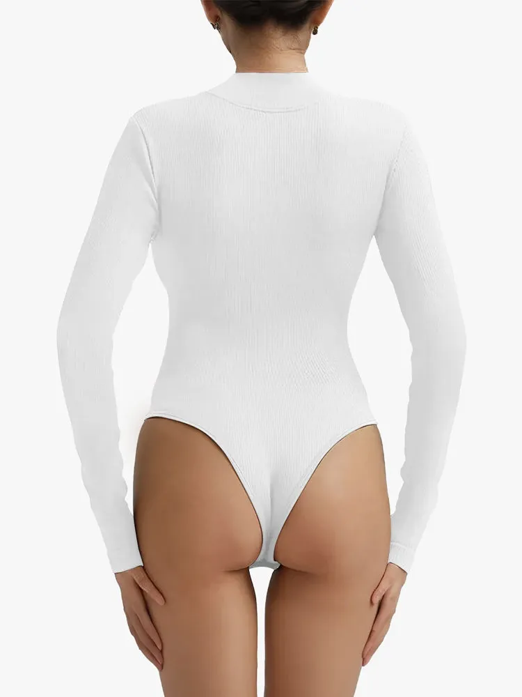 Ribbed Zipper Crotch Opening High Neck Long Sleeve Thong Bodysuits