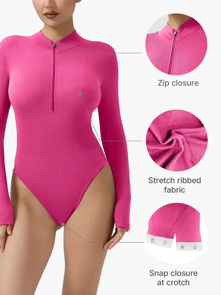Ribbed Zipper Crotch Opening High Neck Long Sleeve Thong Bodysuits