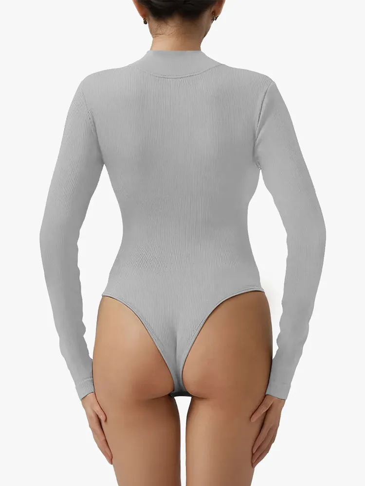 Ribbed Zipper Crotch Opening High Neck Long Sleeve Thong Bodysuits