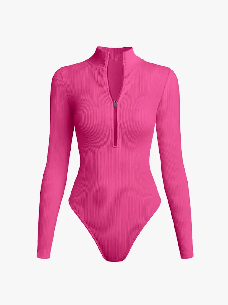 Ribbed Zipper Crotch Opening High Neck Long Sleeve Thong Bodysuits