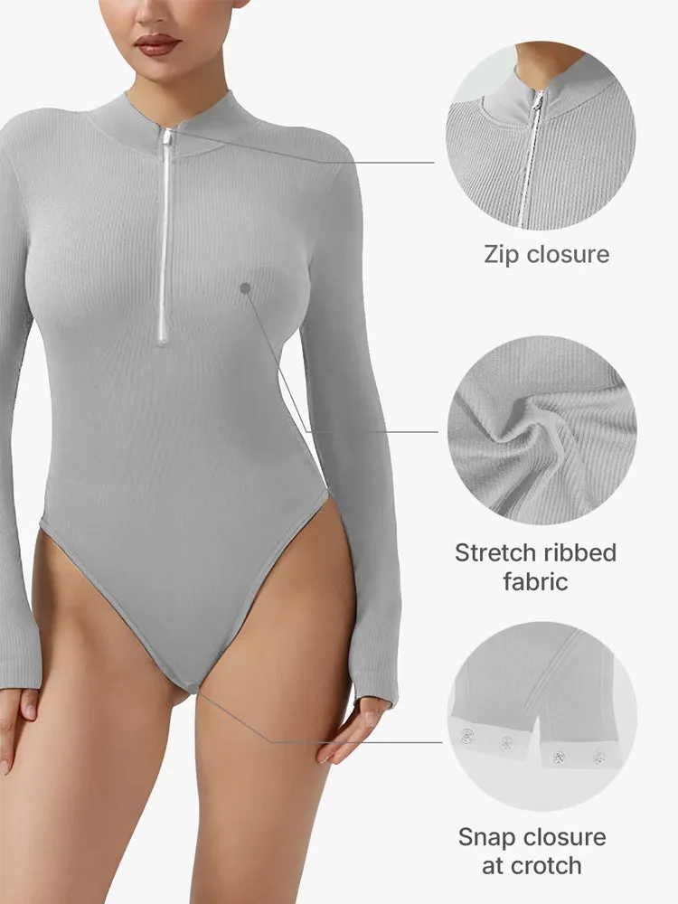 Ribbed Zipper Crotch Opening High Neck Long Sleeve Thong Bodysuits