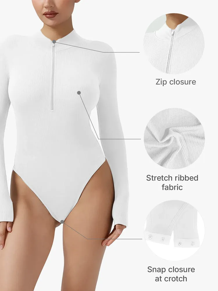 Ribbed Zipper Crotch Opening High Neck Long Sleeve Thong Bodysuits