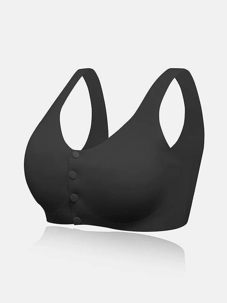 Seamless Wireless Snap Button Front Stretch Wide Straps Bra