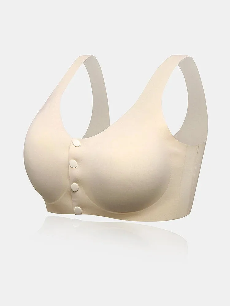 Seamless Wireless Snap Button Front Stretch Wide Straps Bra