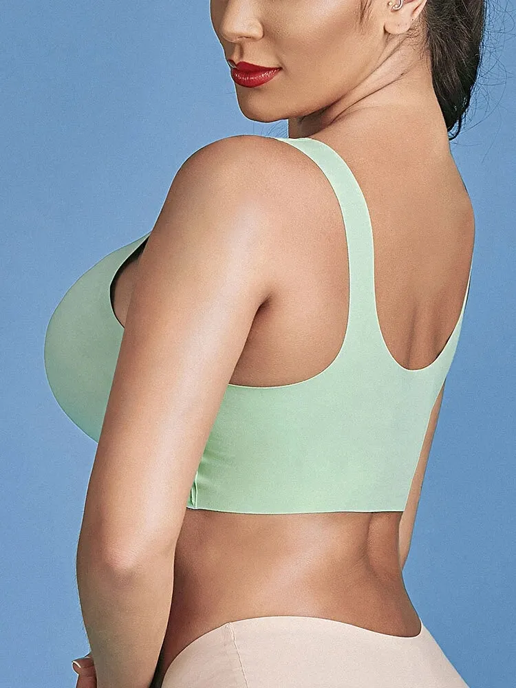 Seamless Wireless Snap Button Front Stretch Wide Straps Bra