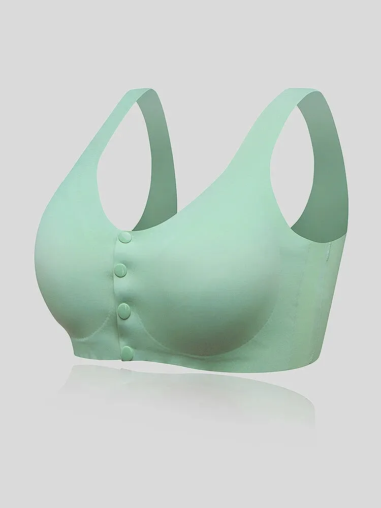 Seamless Wireless Snap Button Front Stretch Wide Straps Bra