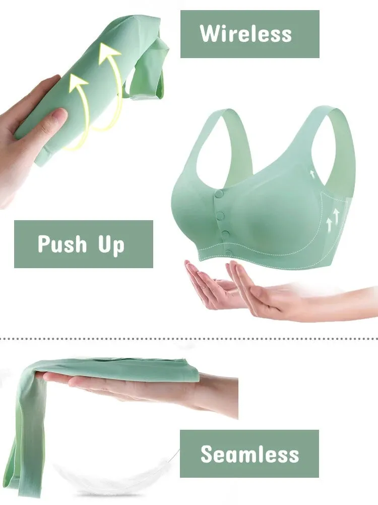Seamless Wireless Snap Button Front Stretch Wide Straps Bra